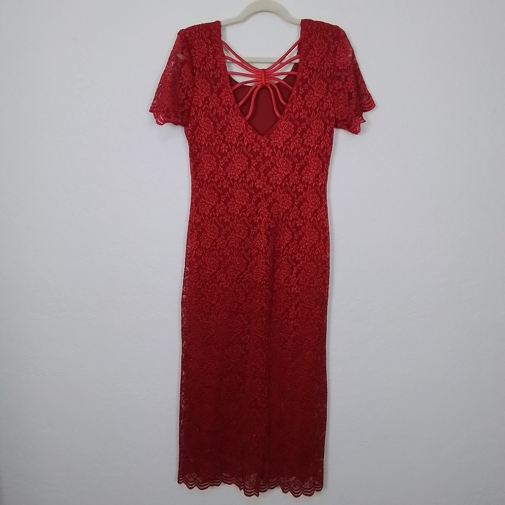 Vintage 1990s Helene Blake Red Lace Maxi Dress Size 10 Lattice‎ Back Made in USA